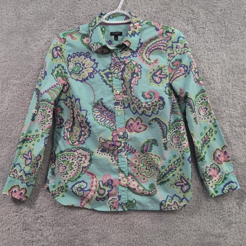 Talbots Womens Small Petite SP Aqua Paisley Long Sleeve Button Up Collared Shirt